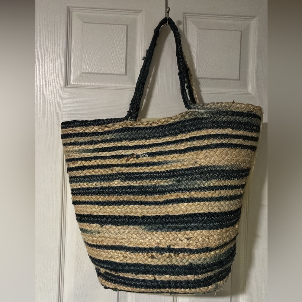 Striped Tan and Black Woven Tote Bag